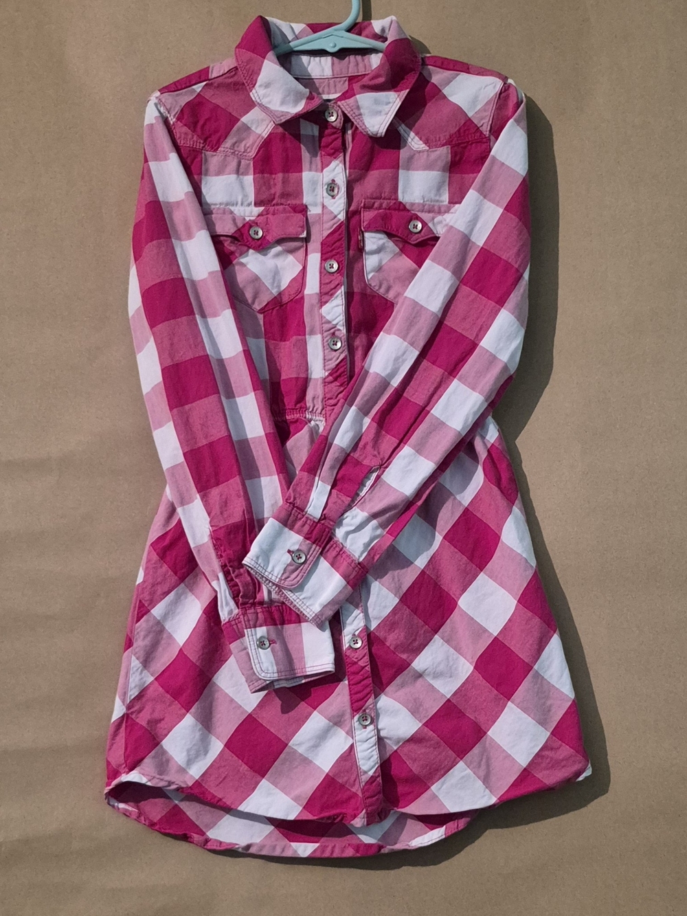 🌟Girls Levi Pink And White Plaid Button Up Shirt Dress Size 7🌟